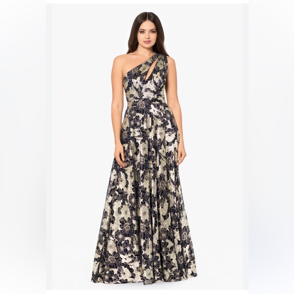 Betsy Adam Gwen Long One Shoulder Floral Metallic Formal Wedding Dress Sz 10 - Picture 3 of 10